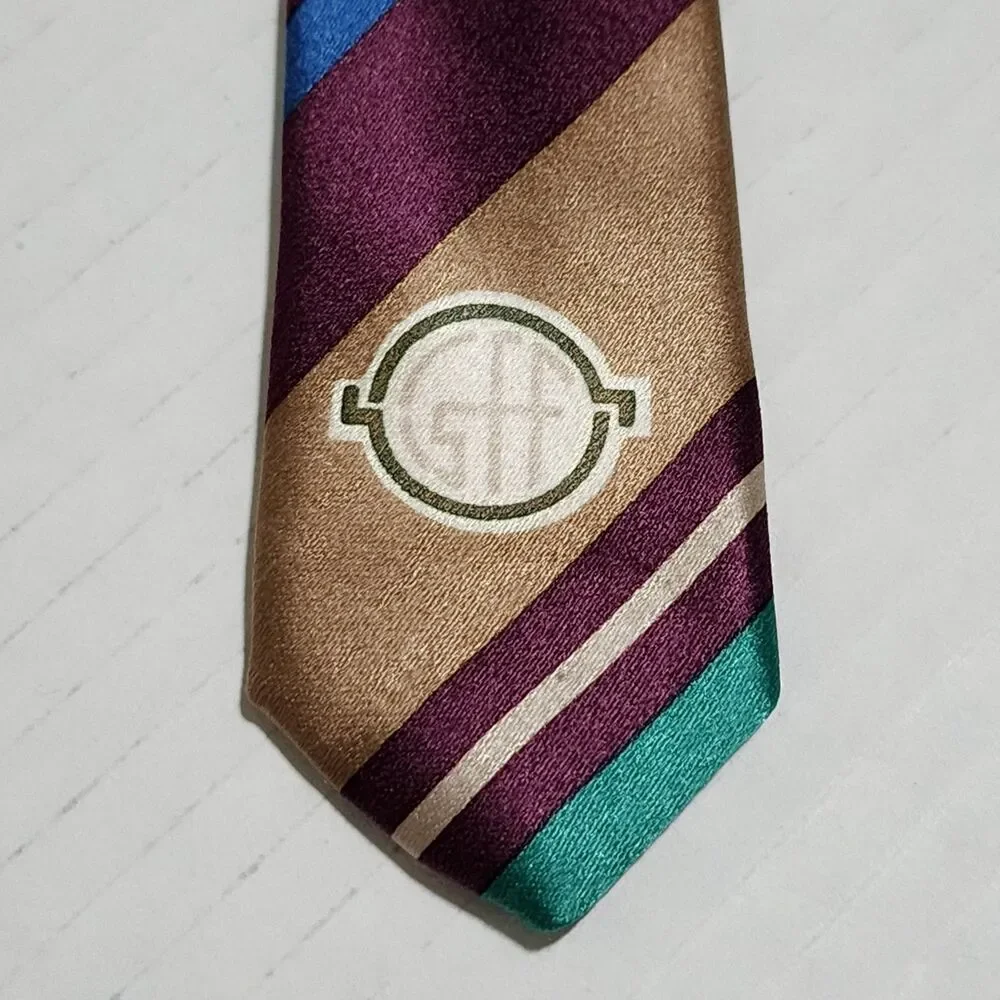 Gianfranco Ferre Italy Mens Silk Tie Beige Red Blue Green Striped Logo 3x55 Neck